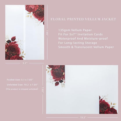 PONATIA 50 Pieces Vellum Jackets for 5x7 Invitation Cards - Red Flowers Printed Vellum Sleeves, Quinceanera Wedding Invitation Cards Wraps, Transparent Christmas Gift Cards Jackets
