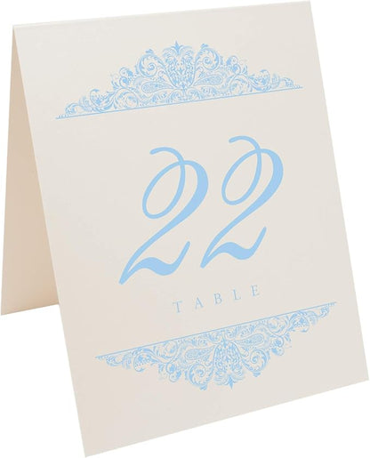 Paisley Wedding Table Numbers (Select Color/Quantity), Champagne, Light Blue, 1-15, Double Sided, Tent or Use in a Stand, Great for Parties & Restaurants - Made in the USA