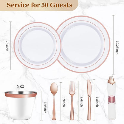 BESTVIP 175PCS Rose Gold Plastic Dinnerware Set, Disposable Party Plates for 25 Guests, Include: 50 Plastic Plates, 25 Pre Rolled Napkins with Rose Gold Silverware, 25 Cups for Christmas, Halloween