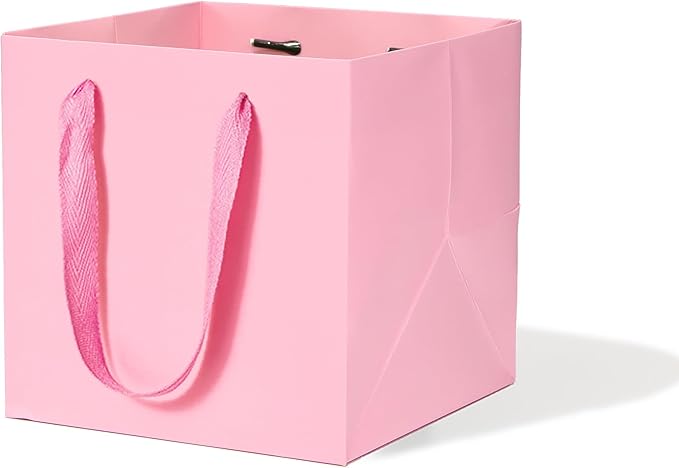 Pink Paper Gift Bag 4 in Paper Gift Box Small Square Bottom Kraft Paper Bags with Handles for Wedding Baby Shower Birthday Party (Pink, 4 x 4 x 4 in, 10 CT)