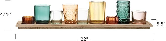 Creative Co-Op Round Glass Votive Holders on Wood Tray, Yellows & Greens, Set of 9