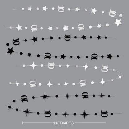 Silver Black 10th Birthday Decorations Number 10 Circle Dot Twinkle Star Garland Metallic Hanging Streamer Backdrop for Girls Boys Double Digits Ten Years Old Birthday 10th Anniversary Party Decor