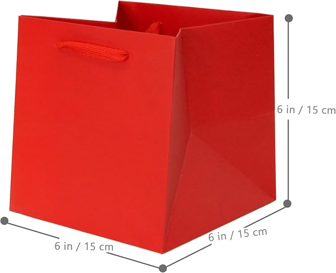 Red Paper Gift Bag Small Square Bottom Paper Bags With Handles (Red, 6 x 6 x 6 in, 10 Pcs)