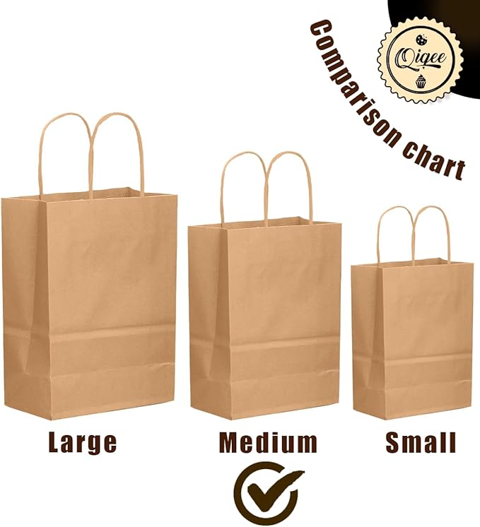qiqee 50-Packs Brown Paper Gift Bags with Handles Bulk 11"x8.3"x4.3" Medium Size Paper Bags Multiple Uses