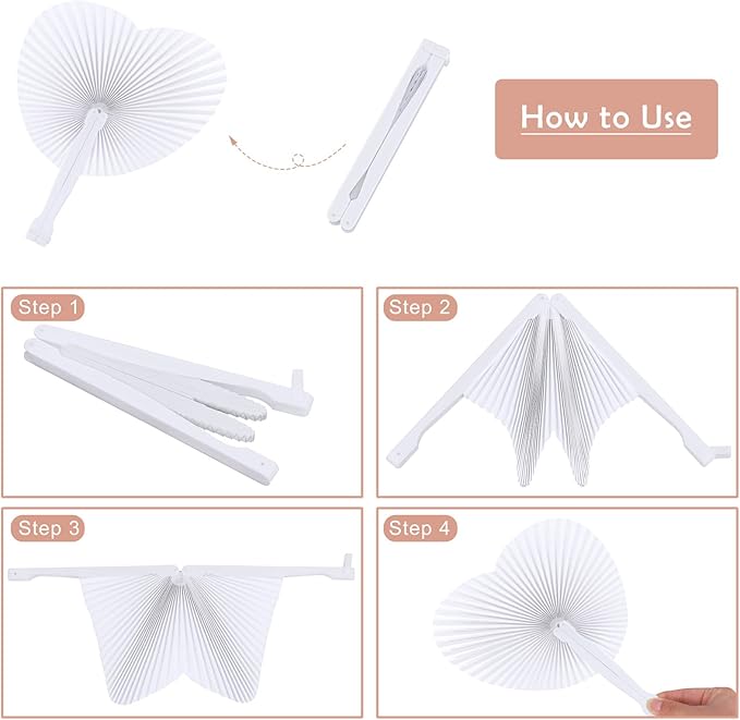 Aodaer 100 Pack Heart Shaped Folding Fans White Paper Fans Handheld Fans with Plastic Handles for Party, Wedding, Anniversary Decoration