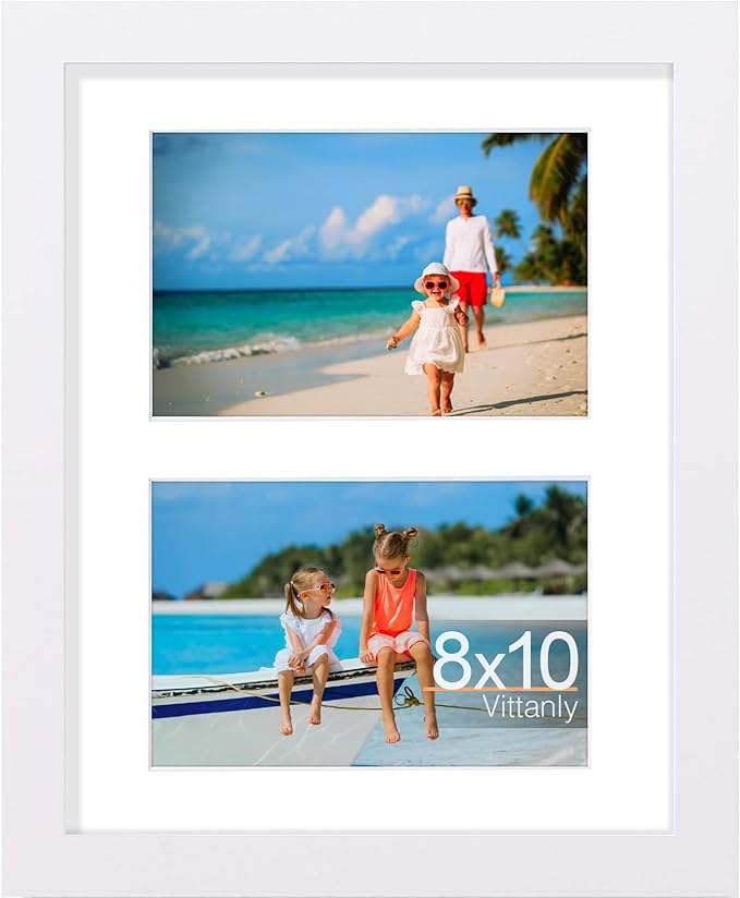 Vittanly 8x10 Collage Picture Frame, Displays 2Pcs 4x6 Pictures with Mat, Photo Frame for Wall Mounting or Table Top with Stand, White, 1 Pack