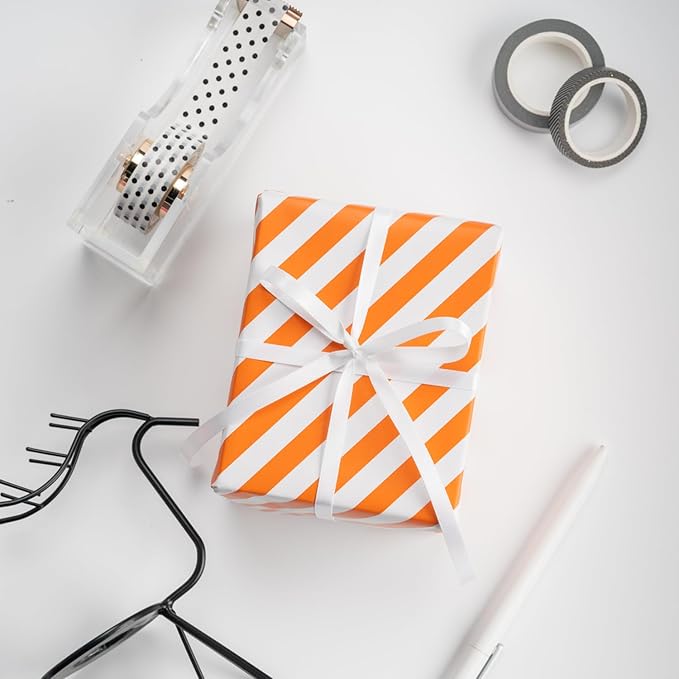 WRAPAHOLIC Reversible Wrapping Paper - Mini Roll - 17 Inch x 33 Feet - Orange and Stripes Design for Birthday, Wedding, Baby Shower, Holiday