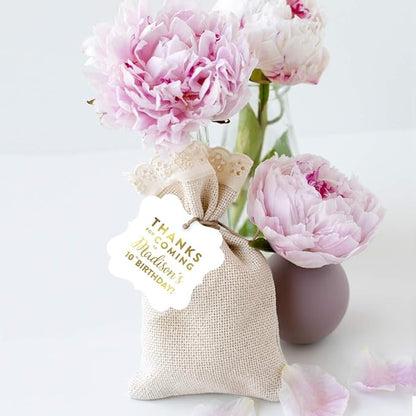 Andaz Press Personalized Fancy Frame Square Birthday Gift Tags, Metallic Gold Ink, Thanks for Coming to Madison's 10th Birthday Block Style, 24-Pack, Custom Made Name Age