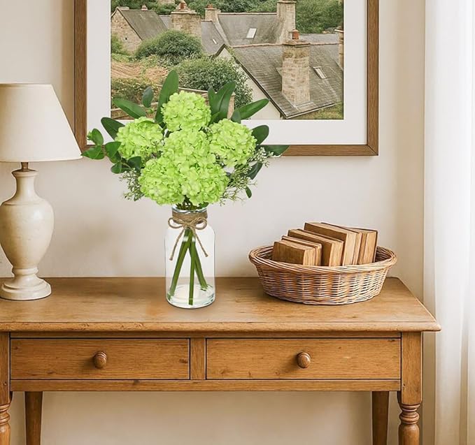 Hollyone Green Hydrangea Artificial Flowers in Clear Glass Vase with Faux Water Silk Hydrangeas Fake Flowers Floral Arrangement for Home Bathroom Kitchen Office Table Centerpiece Shelf Decorations