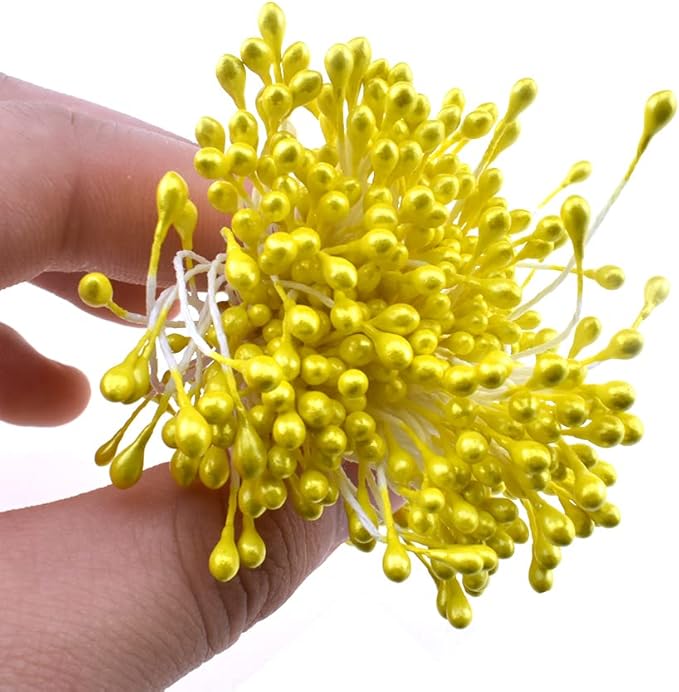 HAHIYO 700Pcs 3mm Yellow Gold Pearl Double Head Flower Pistil Hand-Made Artificial Pistil para Flore Pearlized Floral Stamen Pollen for Flower Making Scrapbook Decoration