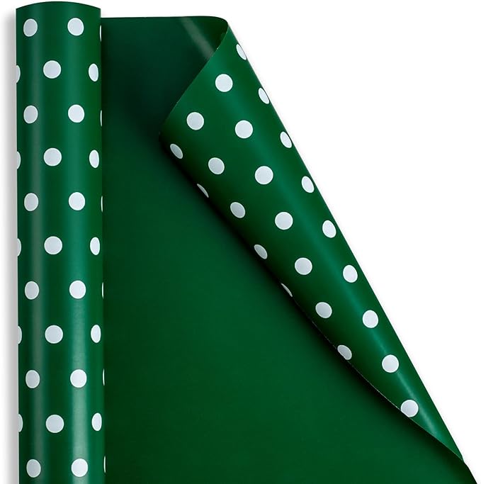Flyhill Green Wrapping Paper Roll,Reversible Gift Wrap Paper with Polka Dot Design for Birthday,Christmas,Holiday,Party(17 Inch X 32.8 Feet)