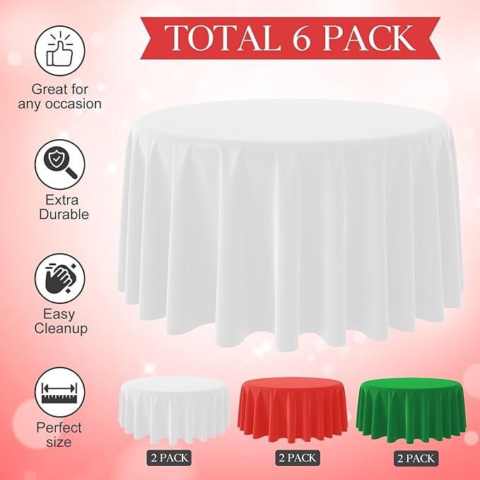 6 Pack Christmas Round Disposable Tablecloth, Red White Green Circle Plastic Tablecloth Bulk, Italy Theme Table Covers for Christmas Family Gathering Dining Banquet Italian Party Decoration,84inch