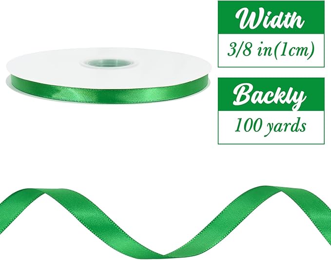 TONIFUL 3/8 Inch x 100yds Bright Green Satin Ribbon Thin Solid Fabric Ribbons Roll for Gift Wrapping Invitation Floral Hair Balloons Craft Sewing Party Wedding Decoration Valentine's Day Bouquet