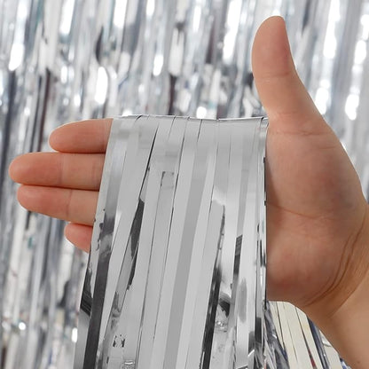 Foil Fringe Curtains Party Decorations - Melsan 3 Pack 3.2 x 8.2 ft Tinsel Curtain Party Photo Backdrop for Birthday Party Baby Shower or Graduation Decorations (Pure Silver)