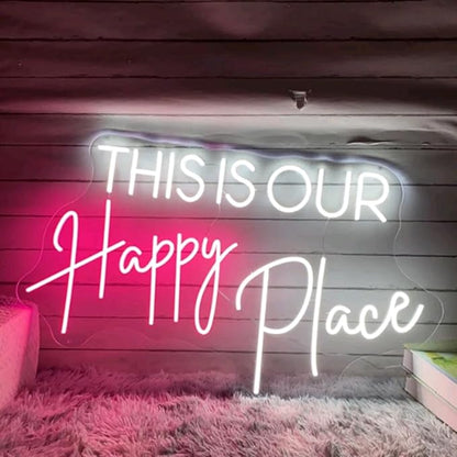 This Is Our Happy Place Neon Sign Custom Bedroom LED Neon Light Home Living Room Salon Wall Decor Wedding Party Decoration Personalized Gift USB Size:20x12inch