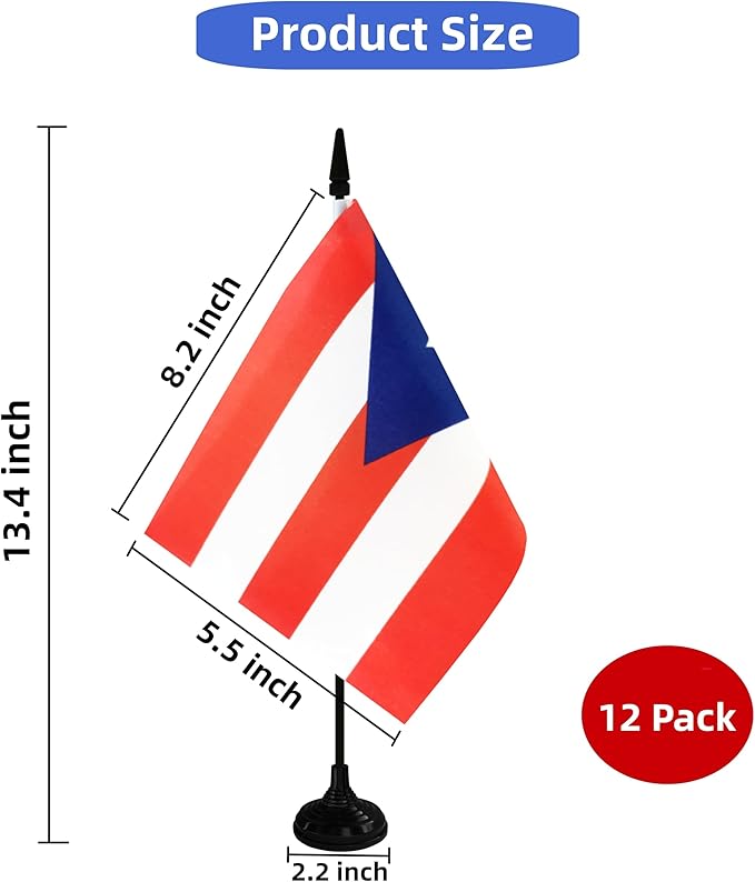Puerto Rico Desk Flag, 12 Pack Puerto Rican Table Office Flag with Black Solid Pole and Stand Base, International Country Flag, Festival Celebration, Classroom Meeting Desktop Decor (Puerto Rico)