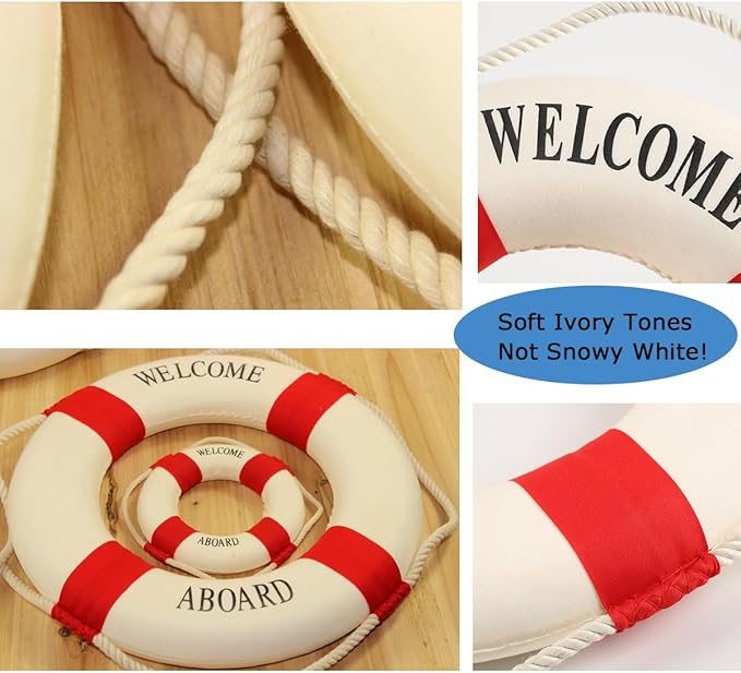MorroMorn Lifebuoy Wall Hanging Decor - Welcome Aboard Mediterranean Style Home Decoration (Red, 14")
