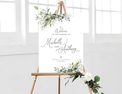 Personalized Wedding Welcome Sign, Greenery Eucalyptus Wedding Sign Signage 12" X 18" (Small), 27" (Medium), 36" (Large), Plastic, Modern, Pole Mount, Weather