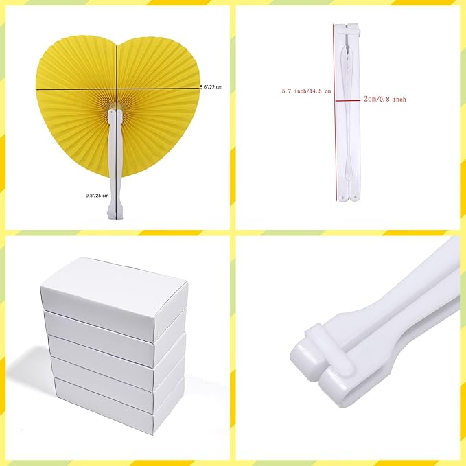 12 Packs Decorative Paper Folding Hand Fans Handheld,Yellow Heart Foldable Wedding Fans Chinese and Japanese Fans Bulk for Bridal Guest Church Party Favors Dancing Birthday DIY