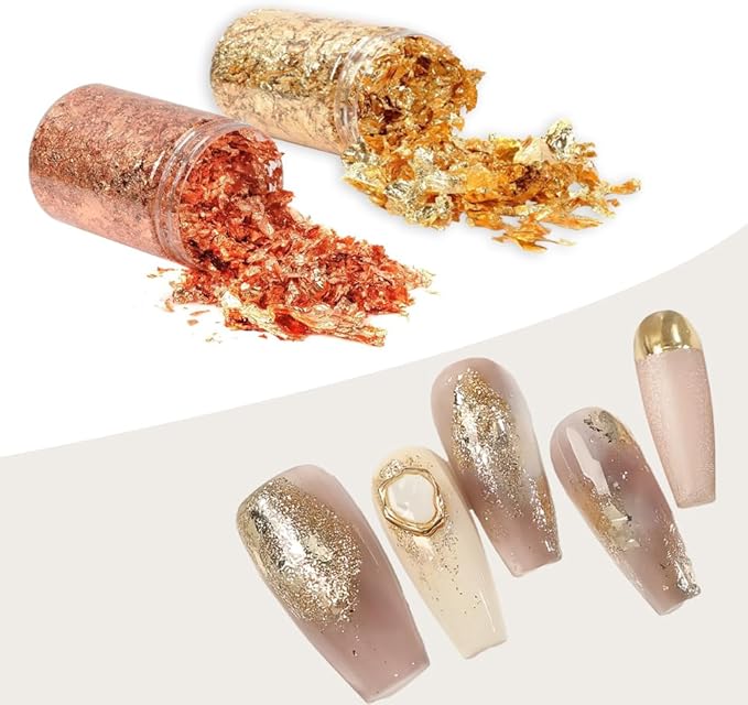 Gold Flakes for Resin, 2 Bottles 10g Imitation Golden Foil Gilding Flake Metallic Leaf for Cake Decoration Chocolate Making Nails Painting Art Crafts with Bamboo Tweezers (Gold, Copper Colors)