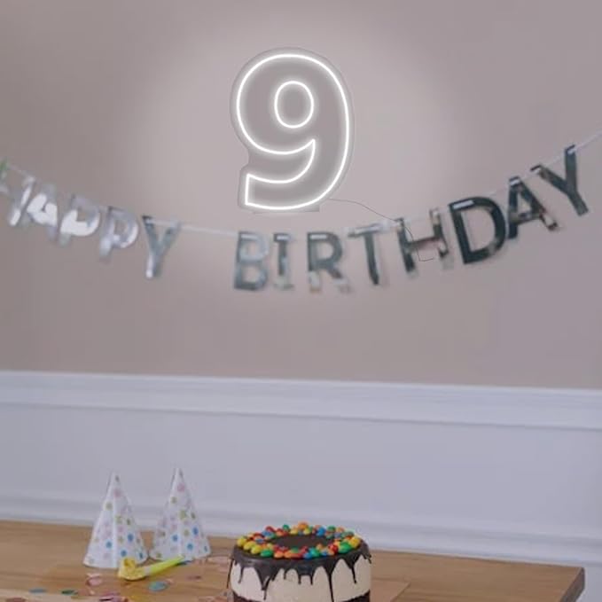 Number 9 Neon Sign for First Birthday, 16.54" Cool White USB Battery Powered Led Neon Sign for Party Wedding Anniversary Decor Light Sign (Number 9)
