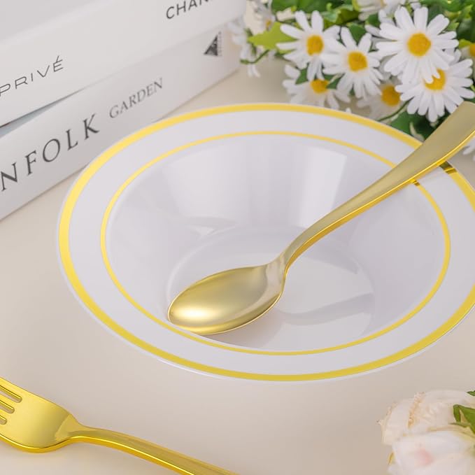 50 Pack Disposable Soup Bowls with Gold Rim,12oz Disposable Soup Bowls,Disposable Soup Dessert Salad Bowls for Wedding/Party/Catered Events
