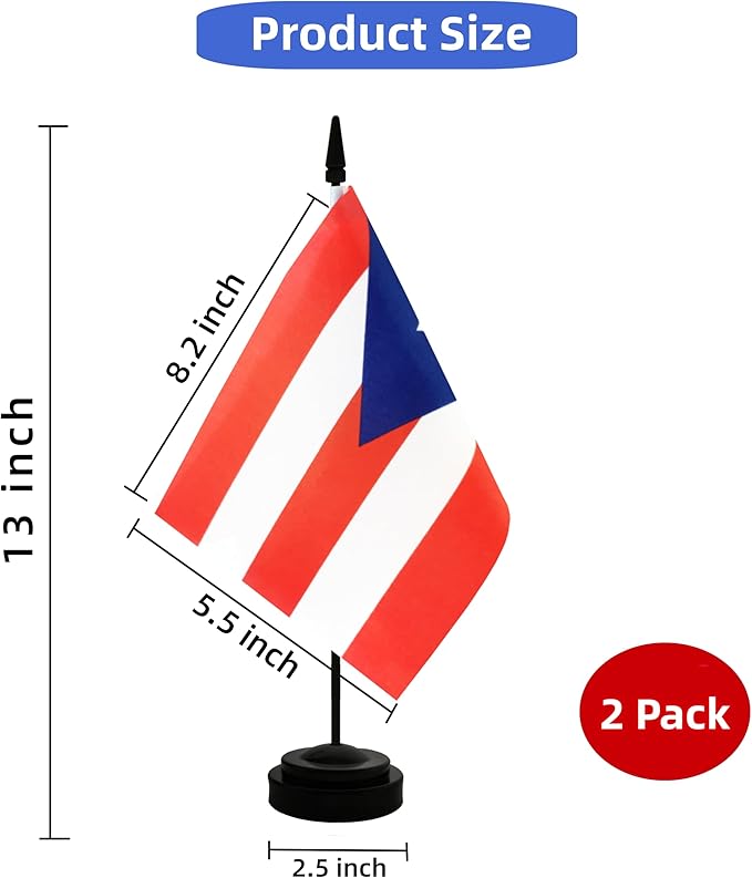 2 Pack Puerto Rico Desk Flag, International Country Flag with Solid Pole and Stand Base, Festival Celebration, Classroom Meeting Desktop Decoration