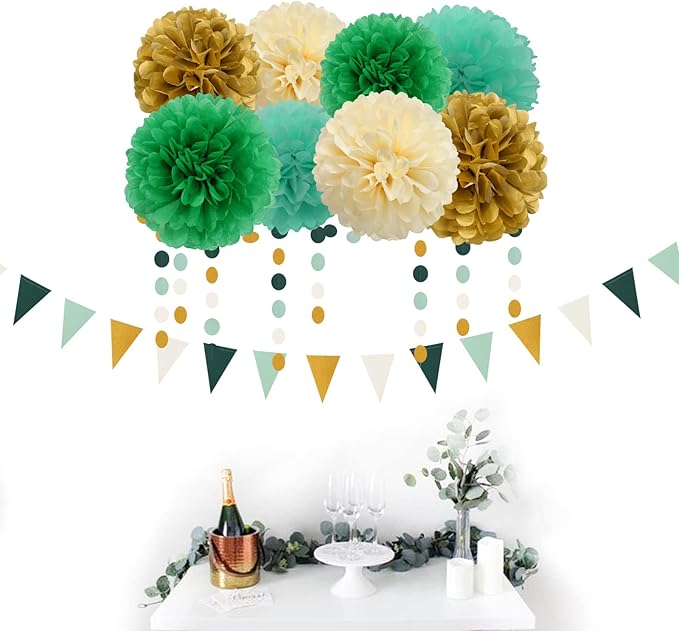Sage-Green Beige-Gold Baby Bridal-Shower Decorations - 30pcs Rustic Wedding Tissue Pom Poms,Tassel Garland Banner,Birthday Gender Reveal Bachelorette Engagement Party Decor Bunting Lasting Surprise