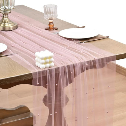 Joanlody Fall Pearl Table Runner 10ft Rustic Boho Tulle Table Runner with Pearls for Baby Shower Wedding Party Veil Dessert Thanksgiving Table Decor Dusty Rose