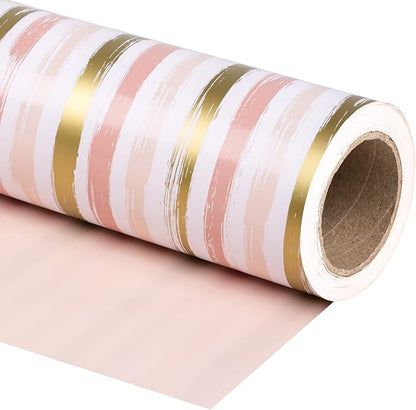 WRAPAHOLIC Reversible Pink Wrapping Paper - Mini Roll - 17 Inch X 33 Feet - Pink Gold Lines and Solid Pink Design for Girls Birthday, Baby Shower, Wedding, Bridal Shower