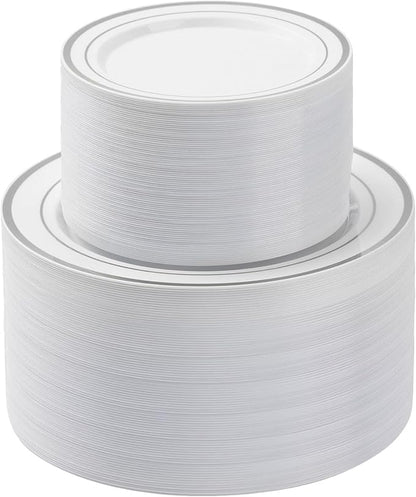 200PCS Silver Plastic Plates Set, 100 10.25 inch Dinner Plates and 100 7.5 inch Dessert Plates, Premium Disposable Plates for Party, Wedding