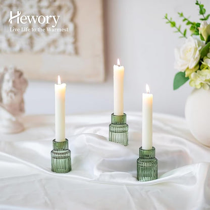 Hewory Glass Taper Candle Holders: 2PCS Green Vintage Candle Holder Candlestick Holders Bulk, Ribbed Glass Candle Holder Candle Sticks Holder Decor for Table Centerpiece Wedding Christmas Home Decor