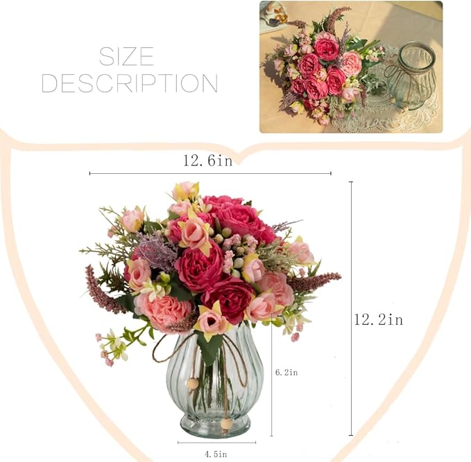 Artificial Peonies Silk Flowers Bouquet in Glass Vase Faux Flowers Bouquets Modern Penoy Arrangement for Home Decoration Table Centerpiece (Bouquet-Rose Red)