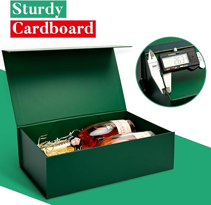 LIFELUM Green Gift Box for Presents 1 Pack 13.85 x 8.35 x 4.45 inch Big Decorative Gift Box for Clothes with Magnetic Lids Luxury Accessories Card, Ribbon, Filler,Sticker Christmas