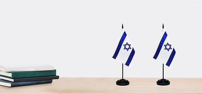 Israel Israeli Deluxe Desk Flag Set Small Mini Miniature Israel Israeli Table Desktop Flags With Solid Pole, Black Base and Spear Top(2 Pack)