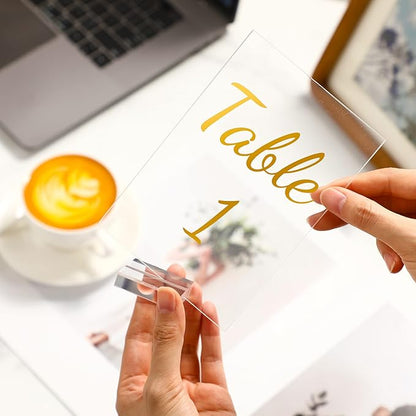 40 Pack Gold Acrylic Wedding Table Numbers 1-40 Clear Stand with Calligraphy Holders - 4 x 6 Inch Acrylic Table Signs for Wedding Reception Centerpieces