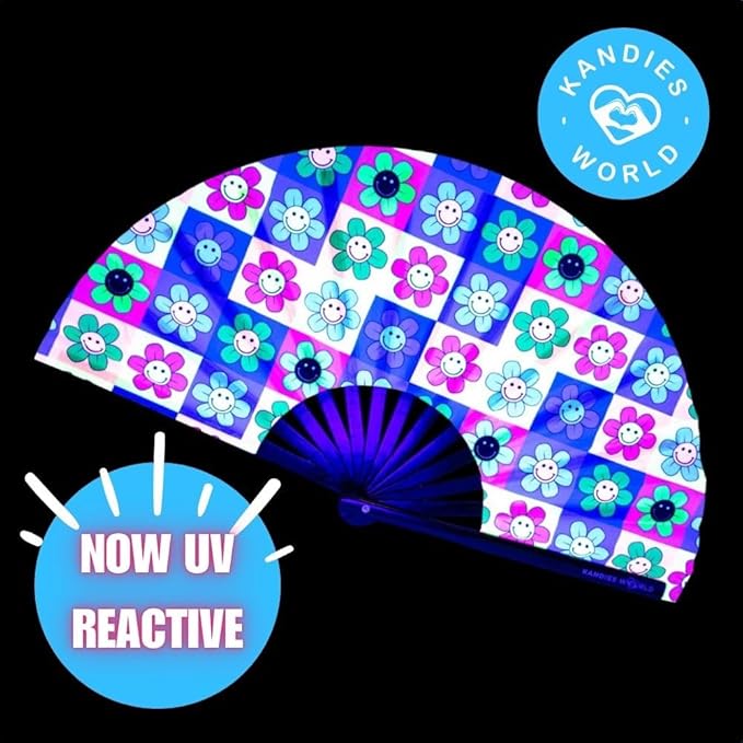 Kandies World Custom Festival Folding Hand Fan - Unique Designs, Made of Bamboo, Clacking Sound, Lightweight - Perfect Rave and Festival Accessory!