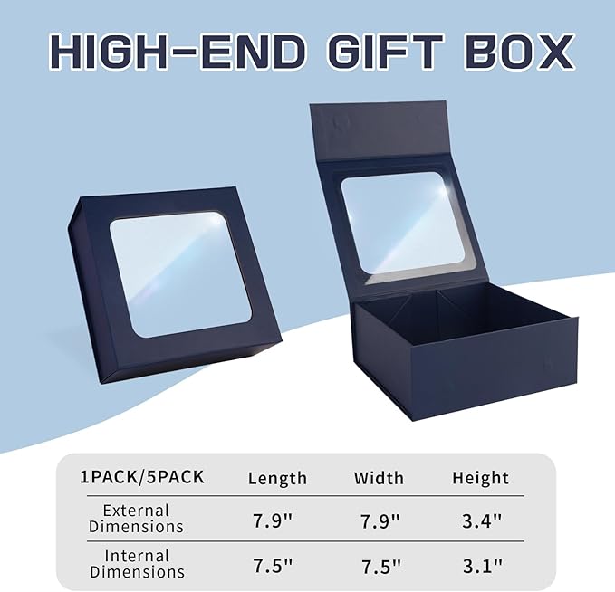 TIACABO Blue Gift Box with Window,7.5"x7.5"x3.1" Bridesmaid Boxe for Gifts Giving,Birthday Gift Boxes with Magnetic,Closure Lid Gifts Boxes for Presents,Cute Box,Luxury for Gift Packaging