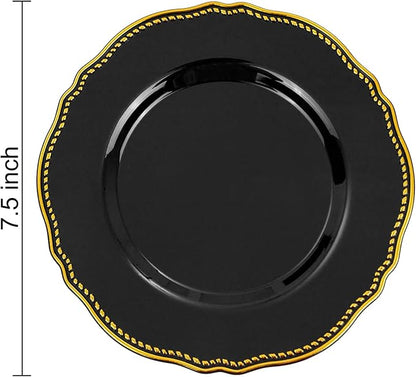 Hioasis 60pcs Black Plastic Plates - Black and Gold Disposable Dinnerware with Gold Rim, Heavy-duty, 7.5 inch, Dessert Plates for Party & Halloween