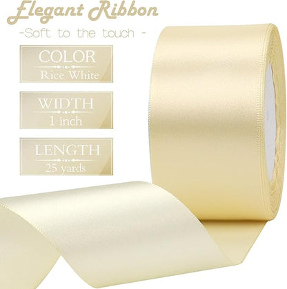 Rice White Solid Satin Ribbon 2 Inch 25 Yards Solid Polyester Fabric Ribbon for Gift Wrapping Wedding Christmas Baby Shower Birthday Party Decoration Handmade Immortal Flower Craft