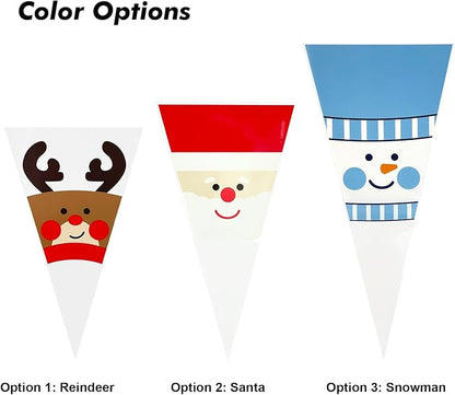 EKAPACKAGING 50Pcs 6x10 Inches Reindeer Print Cone Shaped Treat Bags with Ties, Christmas Clear Cellophane Bags, Party Favor Bags for Popcorn, Cookies, Cotton Candy, Gift, and Pretzel Rod