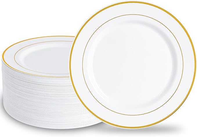 N9R 100PCS Gold Plastic Plates, 10.25 inch White Disposable Dinner Plate with Gold Rim, Heavy Duty Plates for Party Wedding and Birthday