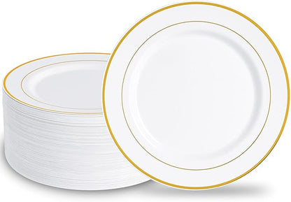 N9R 100PCS Gold Plastic Plates, 10.25 inch White Disposable Dinner Plate with Gold Rim, Heavy Duty Plates for Party Wedding and Birthday