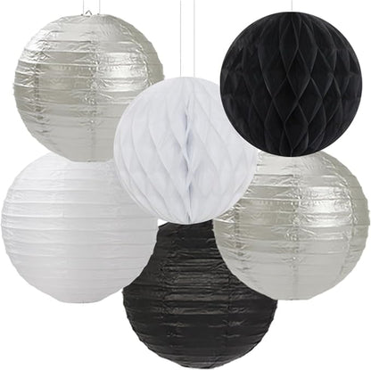 Black-White Silver Party-Decorations Paper-Lanterns - 14pcs New Years Streamers Fan,Tissue Pom Poms,Graduation Men Boys Birthday Wedding Baby Bridal Shower Decor Lasting Surprise