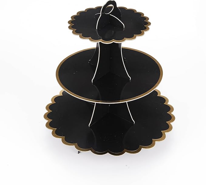 3-Tier Cupcake Stand, Lace Trim Cake Stand Holder, Tiered DIY Cupcake Stand Tower for Dessert Table Displays, Birthday Theme Party Favors Decoration, Floral Tea Party, 12" W x 12.8" H, Black