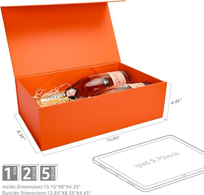 LIFELUM Orange Gift Boxes, 13.85 x 8.35 x 4.45 inch 2 Pack Gift Boxes with Lids Contains Card, Ribbon, Shredded Paper Filler for Holidays,Thanksgiving,Birthdays, Bridal Gifts,Weddings