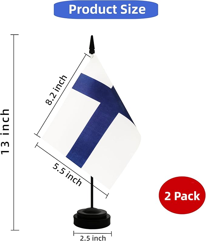 2 Pack Finland Desk Flag, Finnish Table Office Flag with Solid Pole and Stand Base, International Country Flag, Festival Celebration, Classroom Meeting Desktop Decoration (Finland)