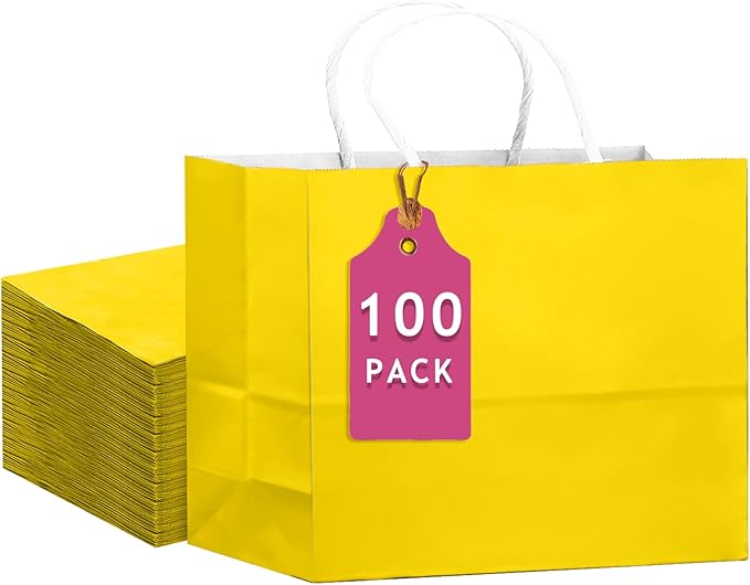 qiqee 100PCS Large Gift Bag with Handles Bulk 13"x4.5"x10" Gift Bags Bright Yellow Multiple Uses (32x11x25cm,Wide Large)