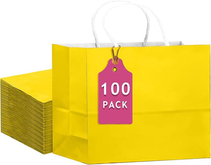 qiqee 100PCS Large Gift Bag with Handles Bulk 13"x4.5"x10" Gift Bags Bright Yellow Multiple Uses (32x11x25cm,Wide Large)