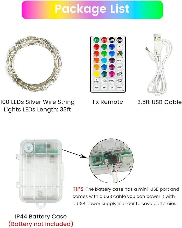 RGB Color Changing 33Ft 100LED Halloween Fairy Lights Battery Operated, Waterproof String Lights USB Powered with Timer for Indoor & Outdoor,18 Colors and Multicolor for Girl's Bedroom Christmas Decor